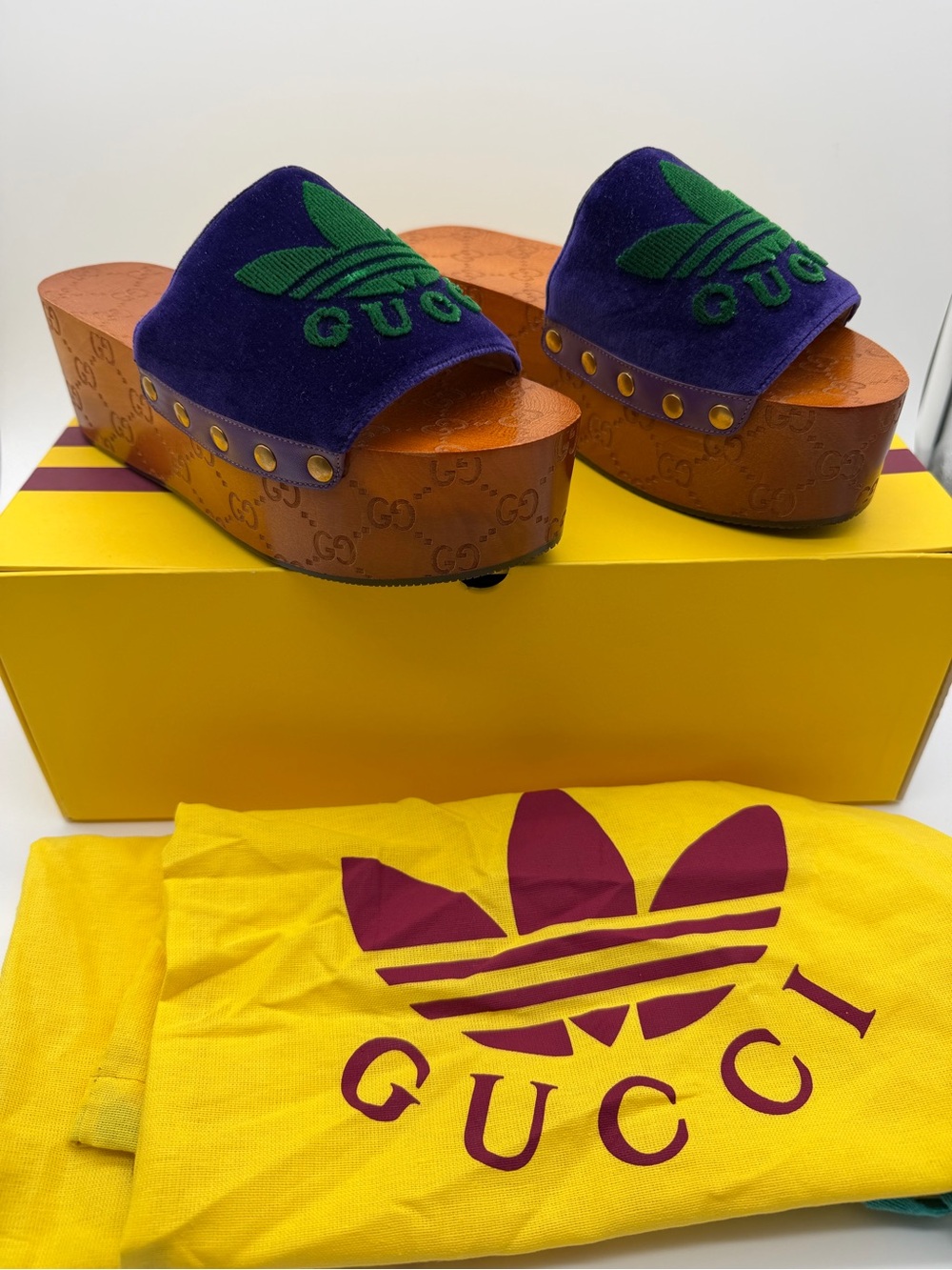 Gucci x Adidas Soft Velvet Malaga Kid Platform Slip On Sandals Size 6.5